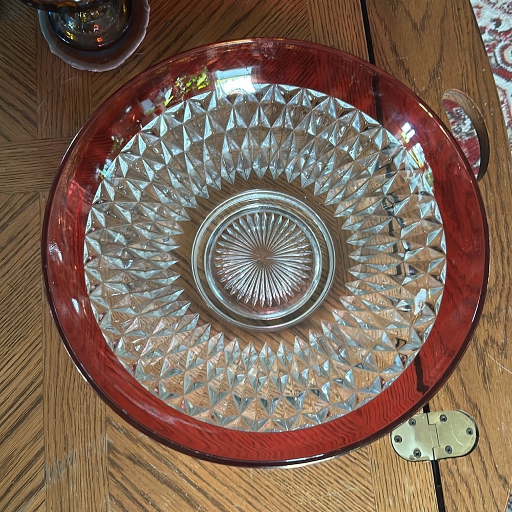 Vintage Indiana Glass Ruby Flash Band Crystal Diamond Point Bowl